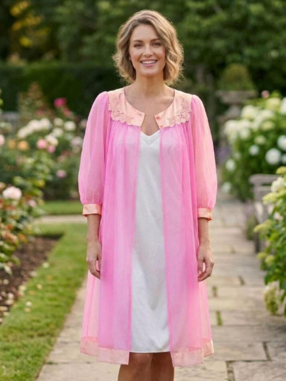 Vtg 60s Gossard Artemis Mid Century bubblegum pink sheer Chiffon peignor Robe